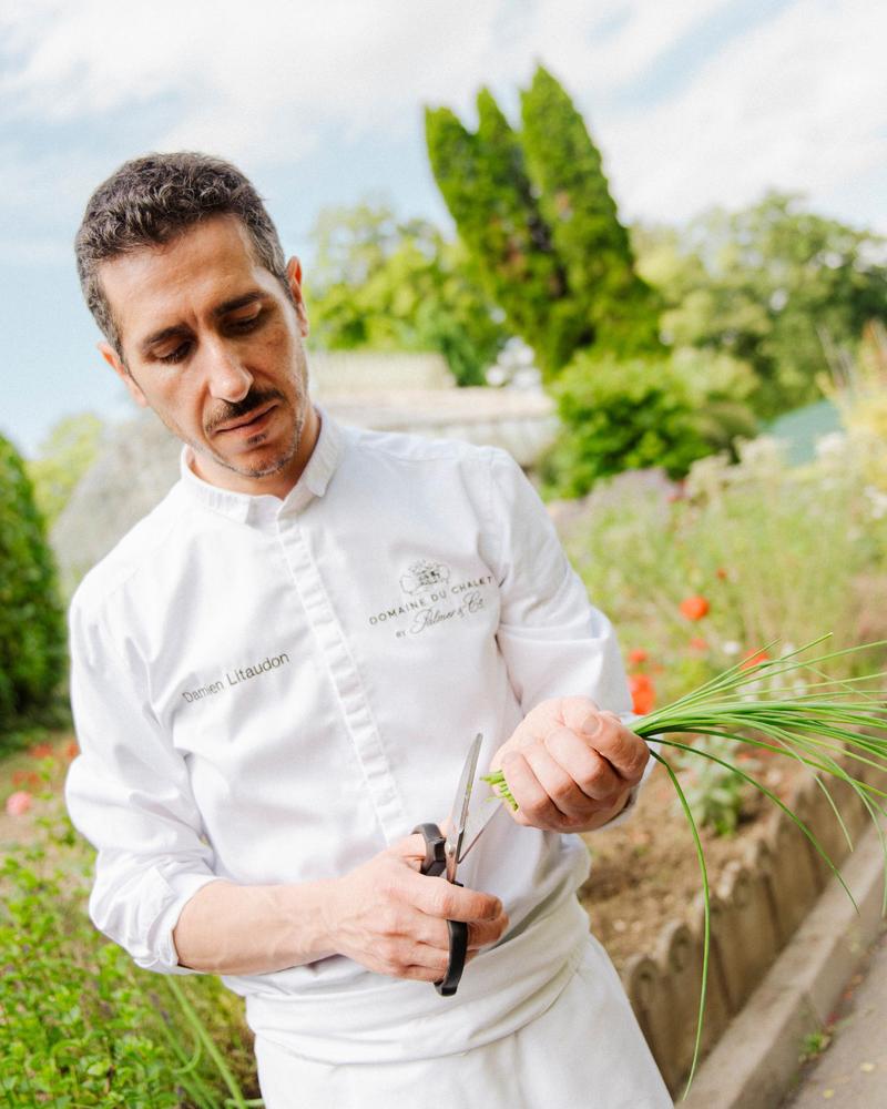 Chef de Cuisine Damien Litaudon cutting herbs from the garden