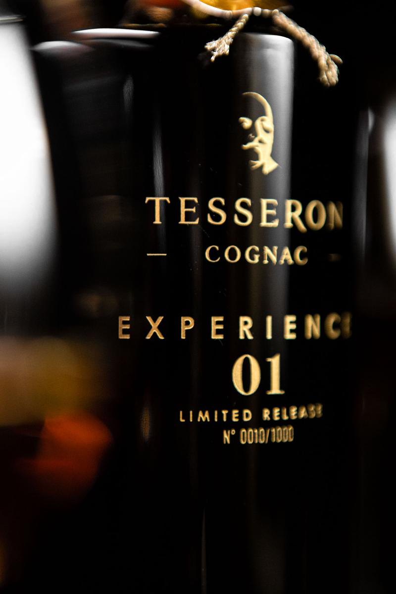 Close up of bottle of label engraving on Cognac Tesseron Experience 01